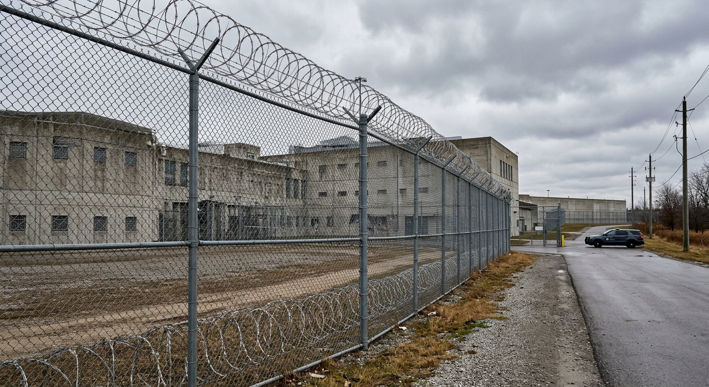 a tall chain-link fence topped with coiled barbed wire outside a modern concrete detention center on an overcast day in Southern Ontario, natural everyday light