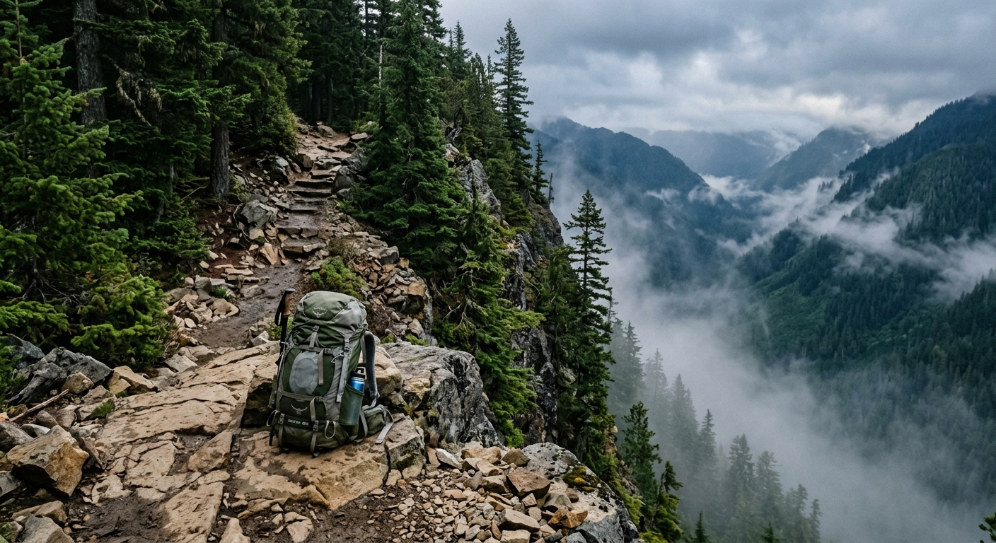a steep, rugged rocky mountain trail cutting through dense evergreen trees, with a solitary hiking backpack resting on a narrow stone ledge overlooking a foggy