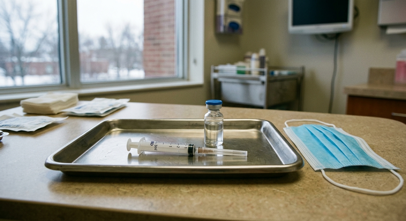 a small glass medical vial and a sterile syringe resting on a stainless steel tray in a medical clinic examination room, an unused blue medical face mask sittin