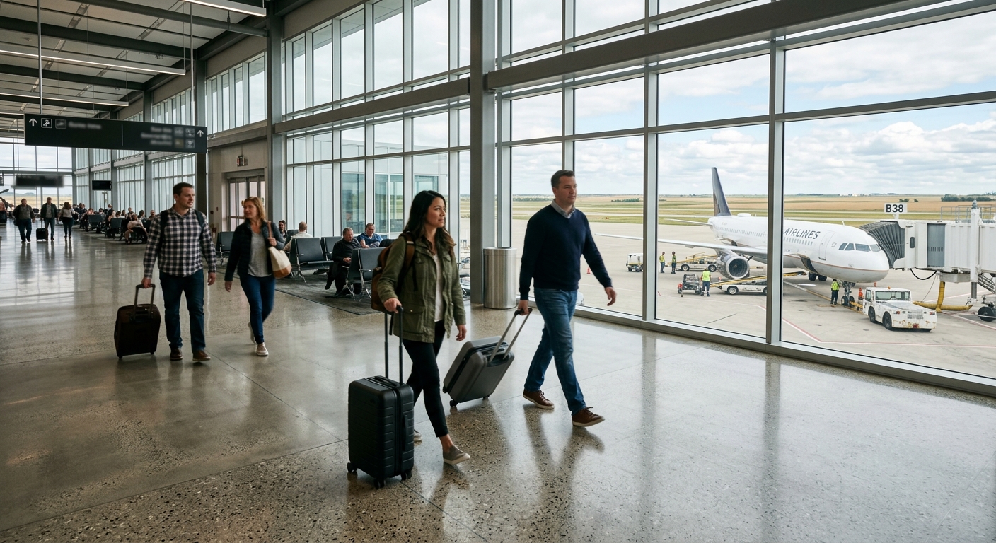 travelers rolling suitcases through a modern airport terminal, with large glass windows showing a parked commercial airplane and distant flat prairie fields, na