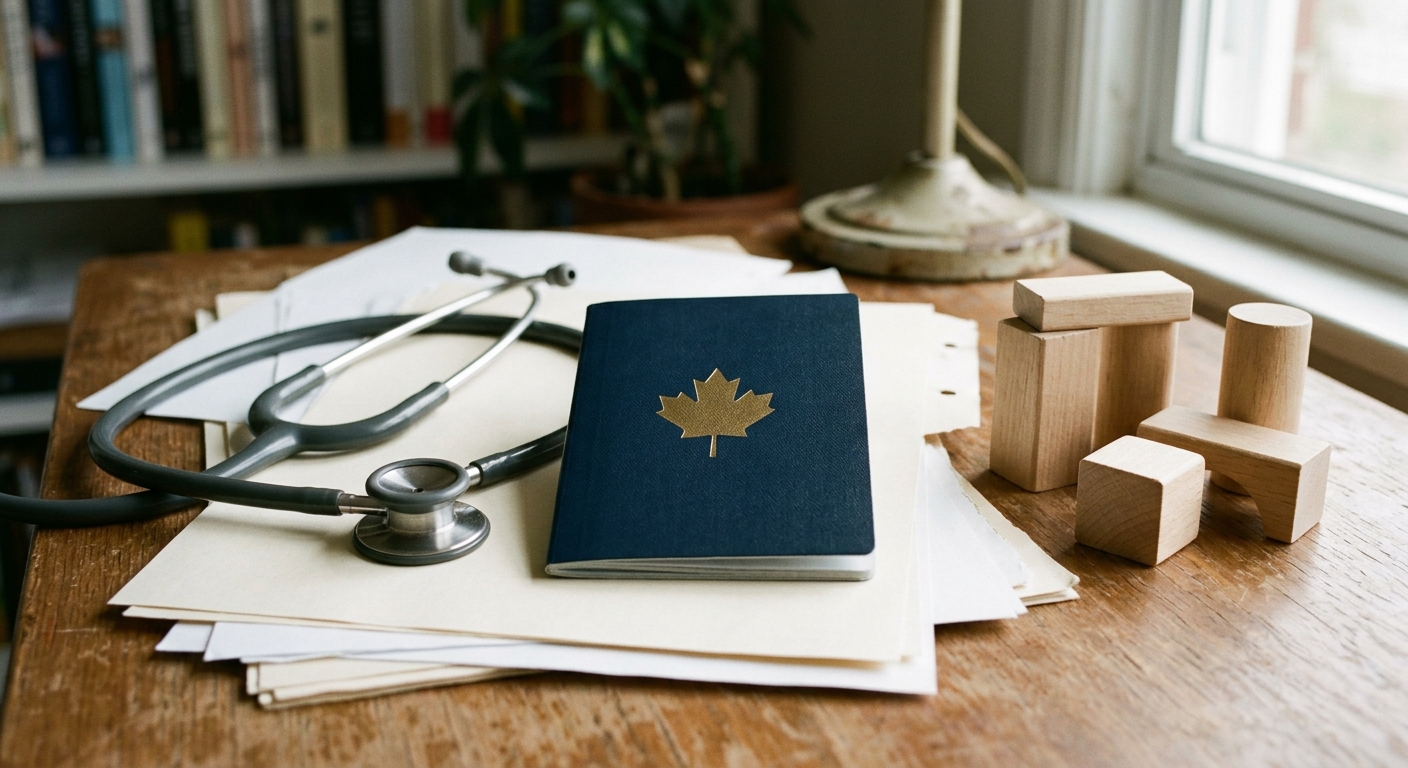 a dark blue passport book with a subtle maple leaf emblem resting on a stack of blank paperwork, alongside a medical stethoscope and small wooden building block