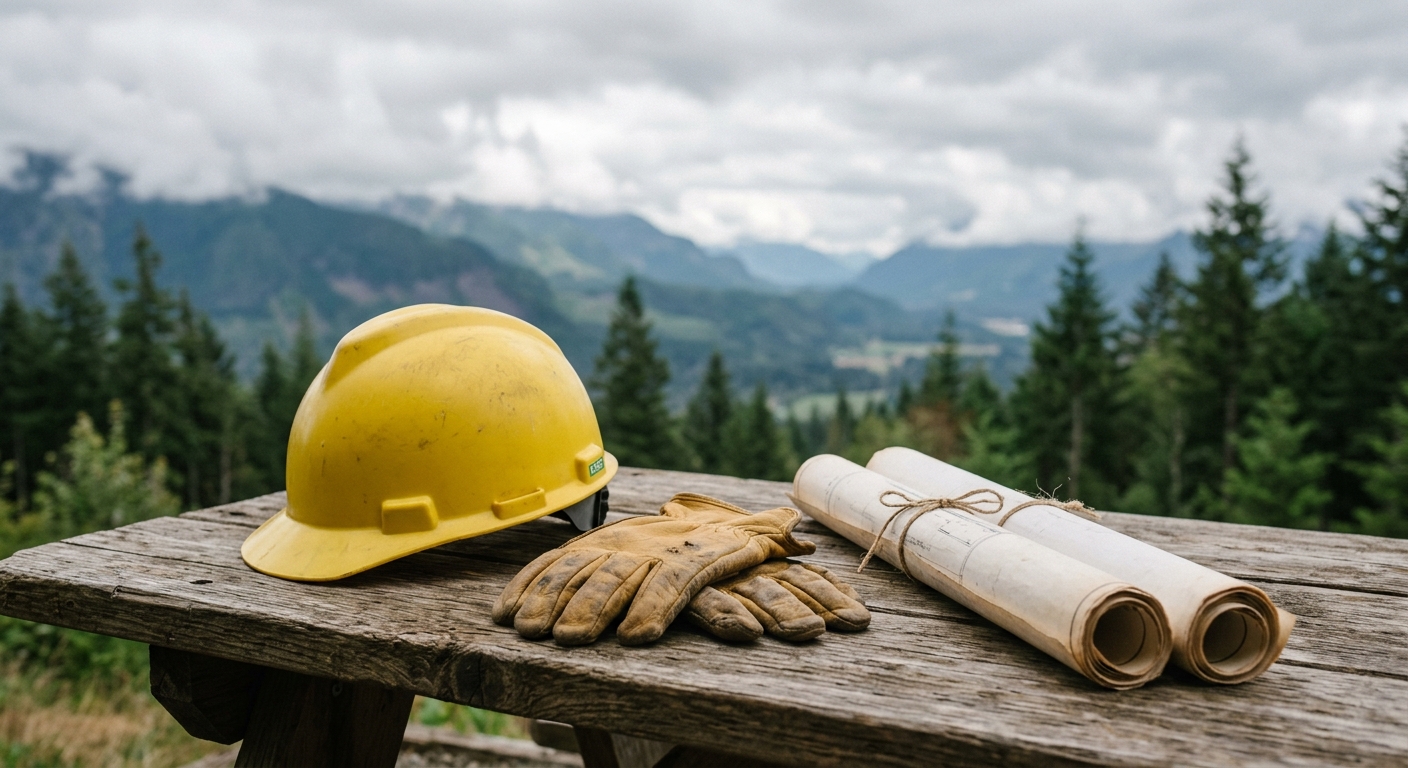 a yellow hard hat resting on a wooden table next to a pair of leather work gloves and rolled-up blueprints, with a softly blurred background of a cloudy Pacific