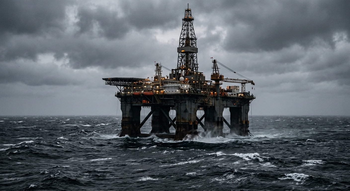 a massive offshore oil rig structure floating in the dark, choppy waters of the North Atlantic ocean under an overcast sky, surrounded by small swells and sea s