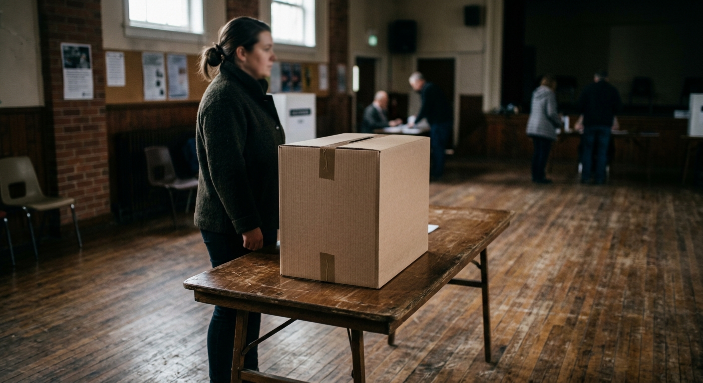 a plain cardboard ballot box sitting on a folding table inside a community hall with wooden floors, a blurred figure wearing a thick jacket standing nearby, rep