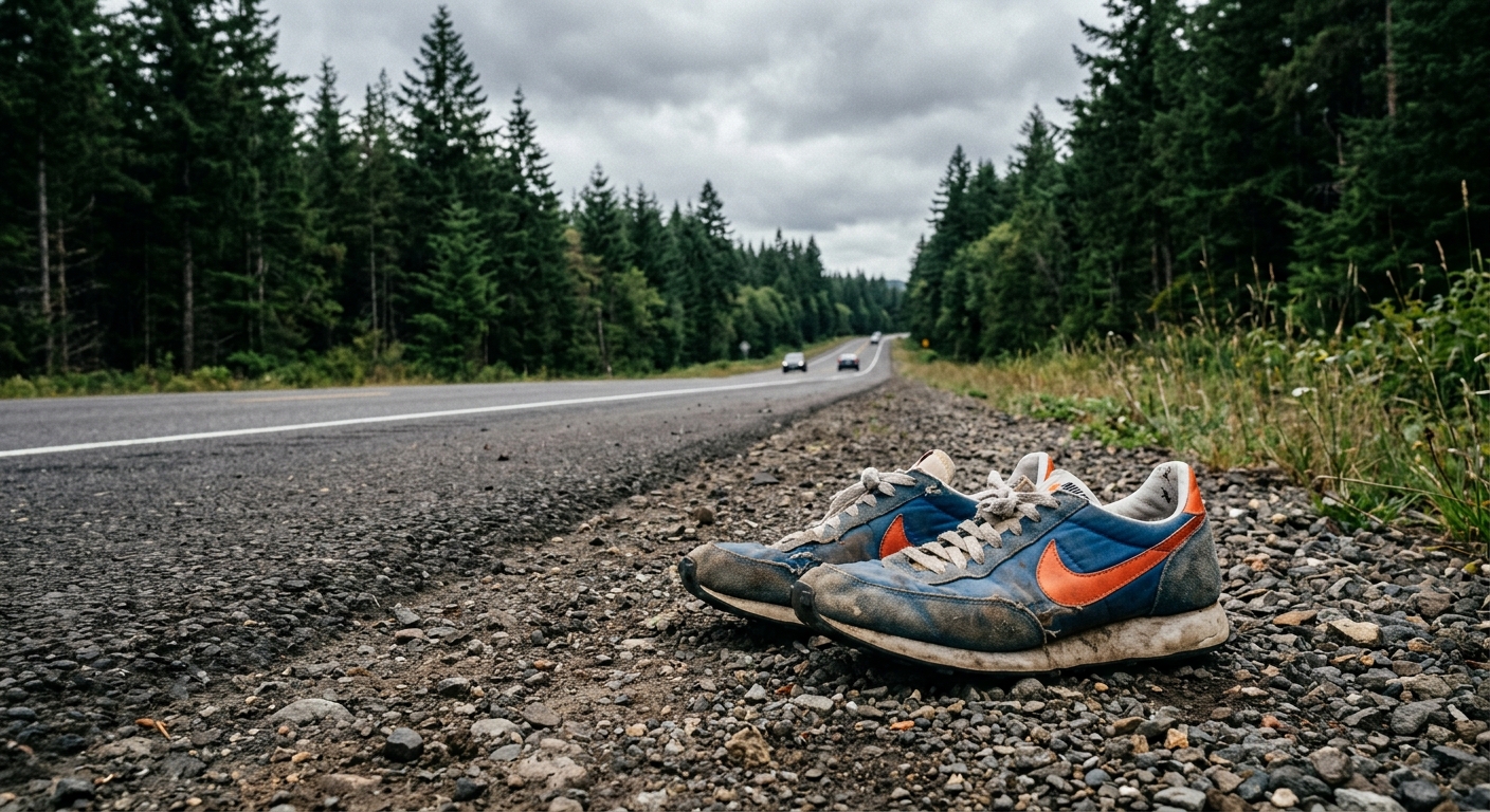a pair of heavily worn vintage running shoes resting on the gravel shoulder of a vast asphalt highway bordered by dense pine trees under an overcast sky, natura