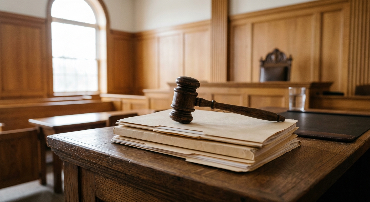 a simple wooden gavel resting on plain manila legal folders on a heavy oak desk inside a quiet courtroom, soft overcast light coming through a nearby window, bl