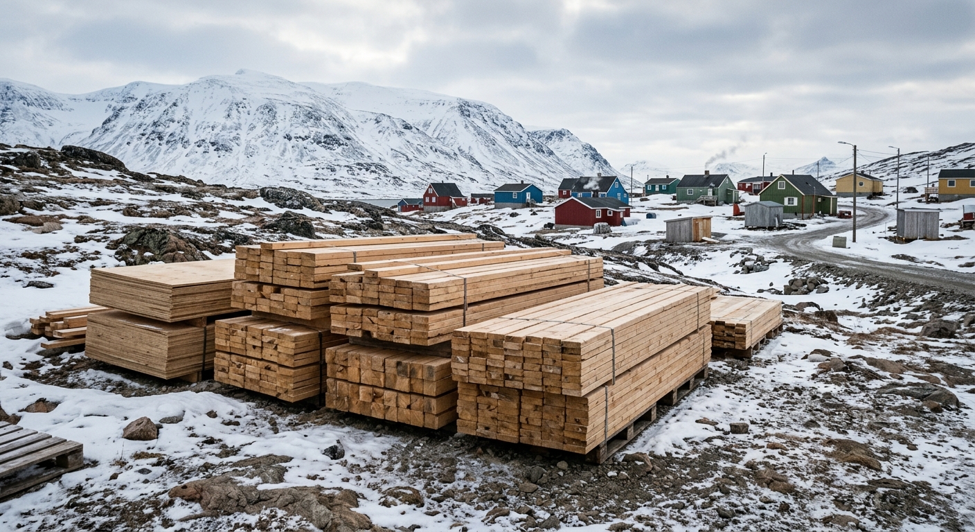 stacks of fresh construction lumber and building materials resting on a snow-dusted, rocky terrain in a remote northern arctic community, with small modest hous
