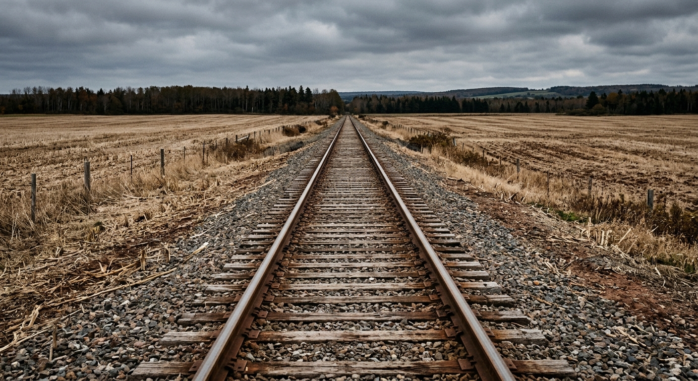 empty steel railway tracks cutting through a vast, harvested agricultural field in eastern Canada, with a distant tree line under an overcast sky, natural every