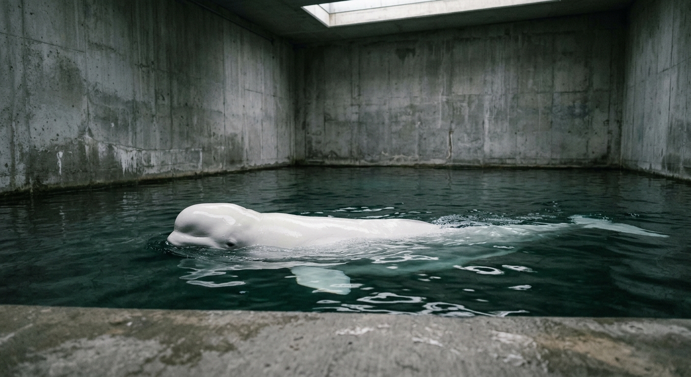 a solitary beluga whale swimming slowly near the surface of a stark, plain concrete indoor aquarium holding tank, natural everyday lighting, shot on a DSLR came