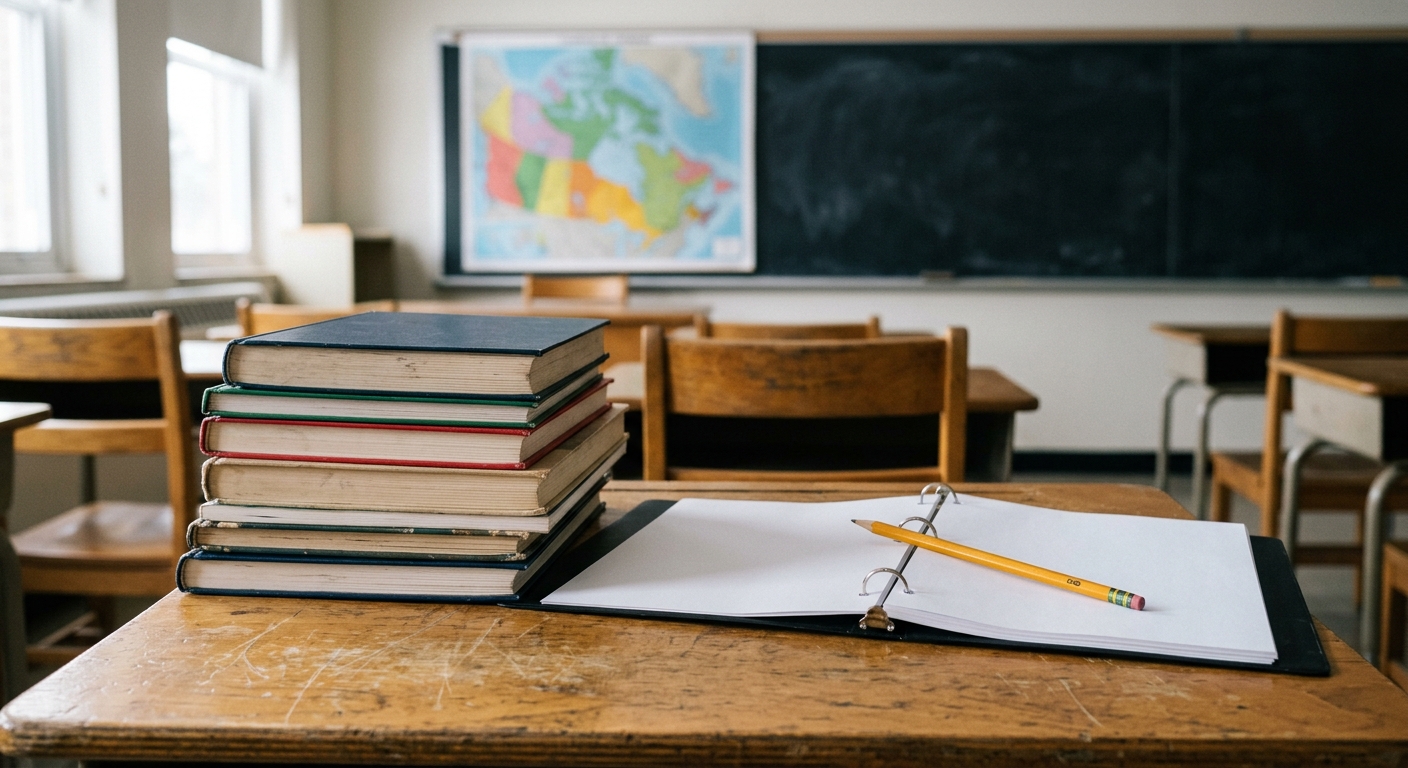 a stack of educational materials, an open blank binder, and a yellow pencil resting on a wooden student desk in an empty classroom, with an out-of-focus blackbo