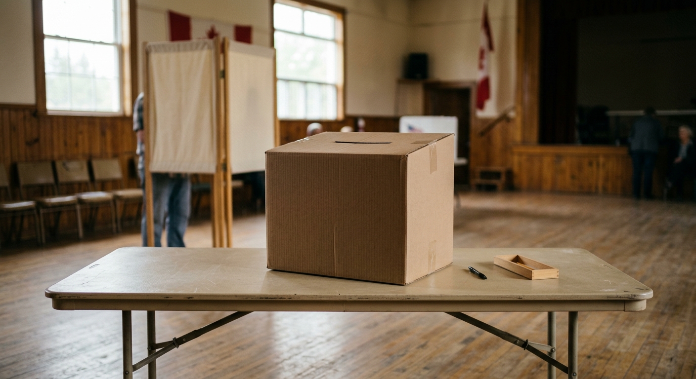 a blank cardboard ballot box resting on a folding table inside a local community hall in a Canadian prairie town, with an out-of-focus voting privacy screen in