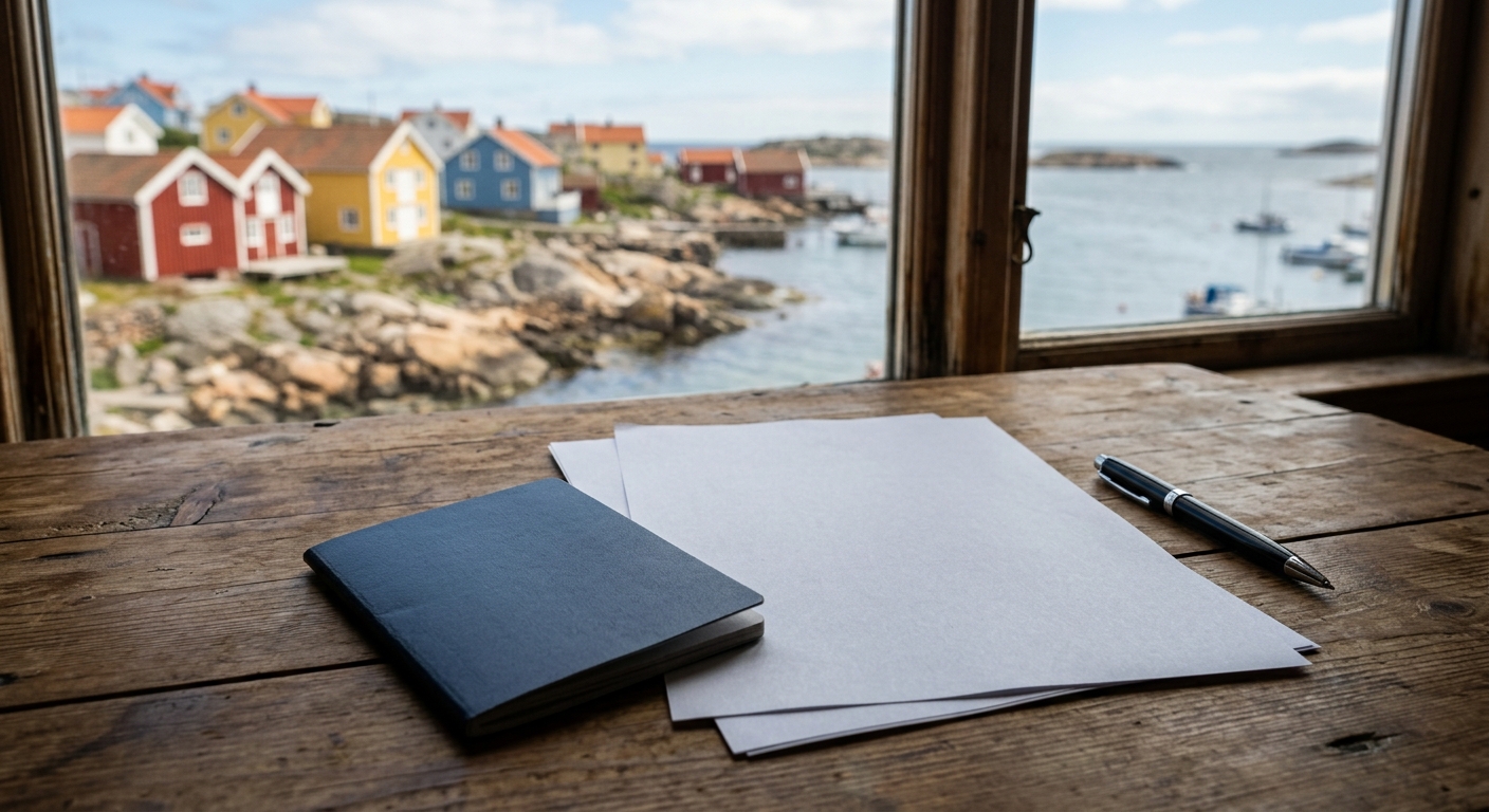 a dark blue passport and blank official application documents resting on a wooden desk, with an out-of-focus view of colorful coastal wooden houses and a rocky