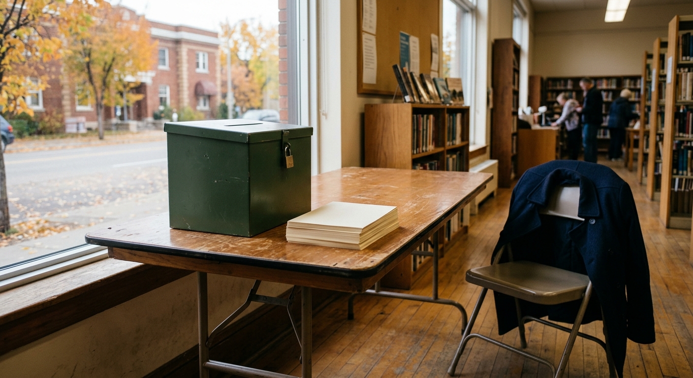 a simple locked ballot box and a stack of blank paper ballots on a folding table inside a community library, a winter coat draped over a nearby chair, reflectin