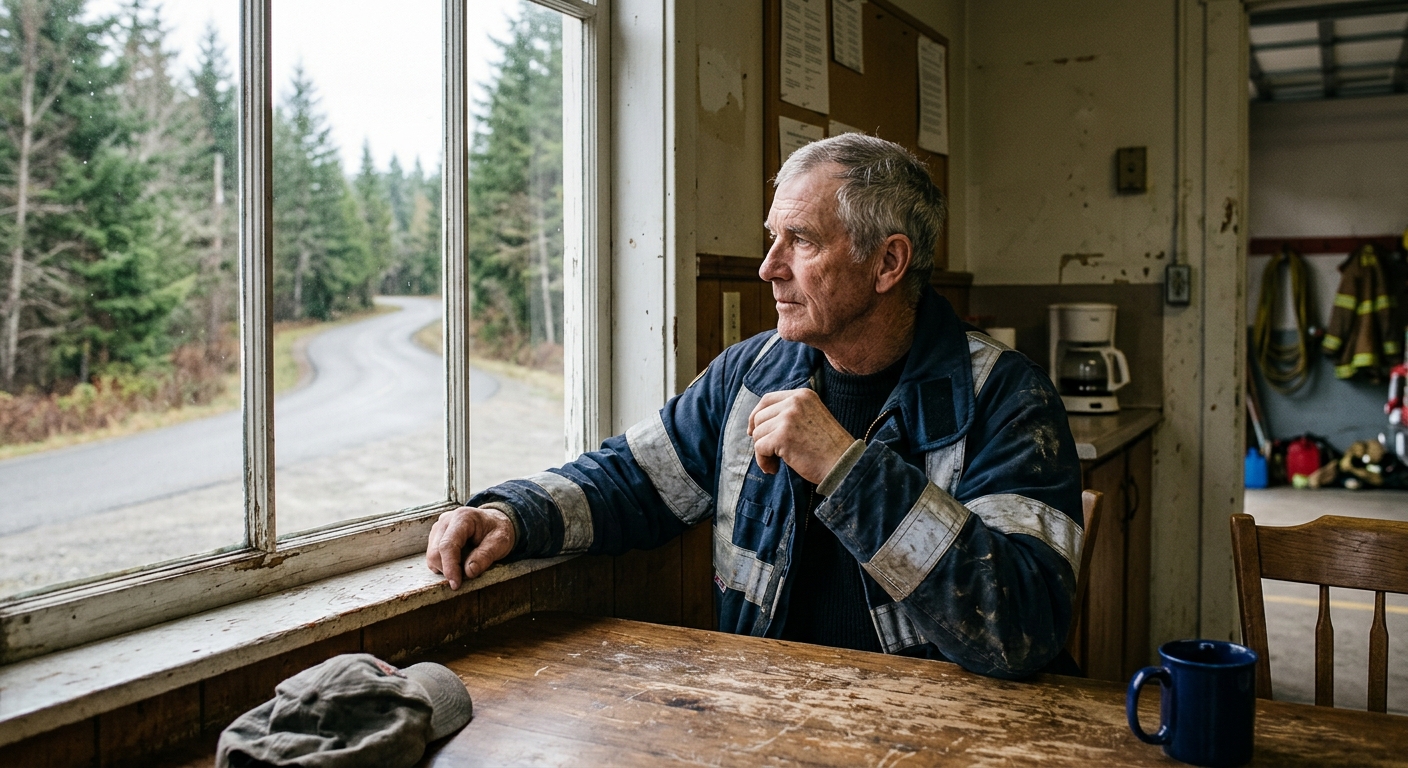 an older male volunteer firefighter wearing a worn navy blue jacket with silver reflective stripes, sitting alone at a simple table in a rural firehall breakroo