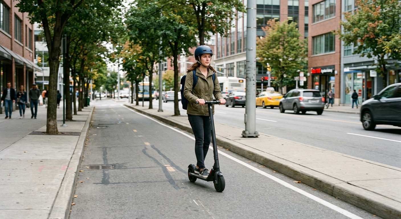 an individual wearing a safety helmet riding an electric scooter down a dedicated asphalt bike lane alongside a typical North American city street, a concrete s
