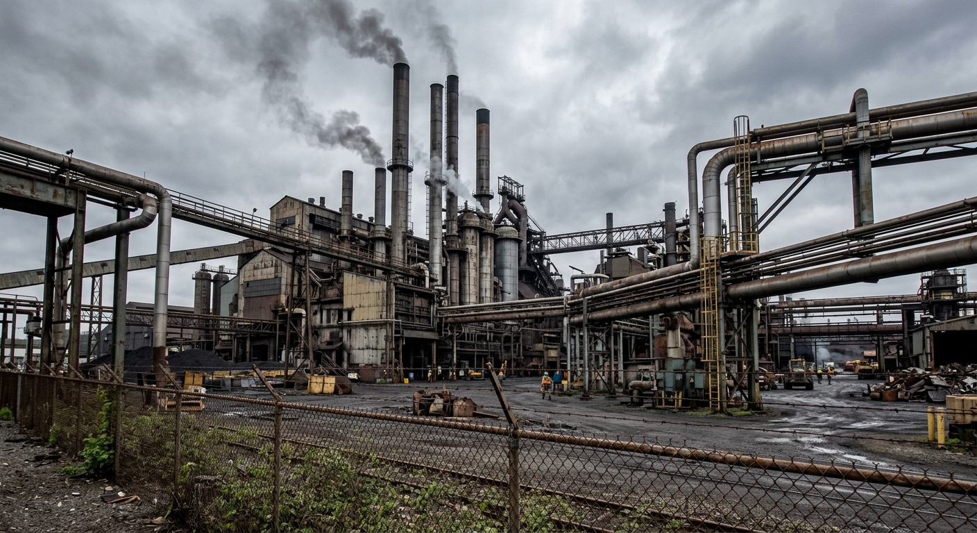 an exterior view of a large steel manufacturing plant with tall metal smokestacks, heavy industrial piping, and a chain-link fence under a grey overcast sky, na