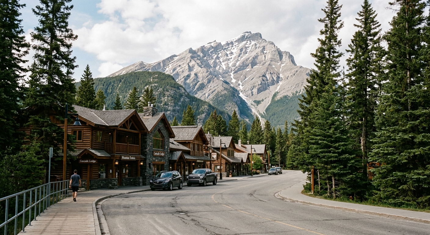 a quiet street in a rustic mountain town nestled among tall pine trees, with massive rocky mountain peaks rising in the background, featuring wood and stone bui