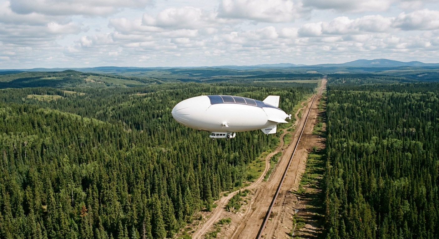 a modern white helium airship equipped with small solar panels flying steadily above a vast expanse of green pine trees and a cleared dirt pipeline corridor in