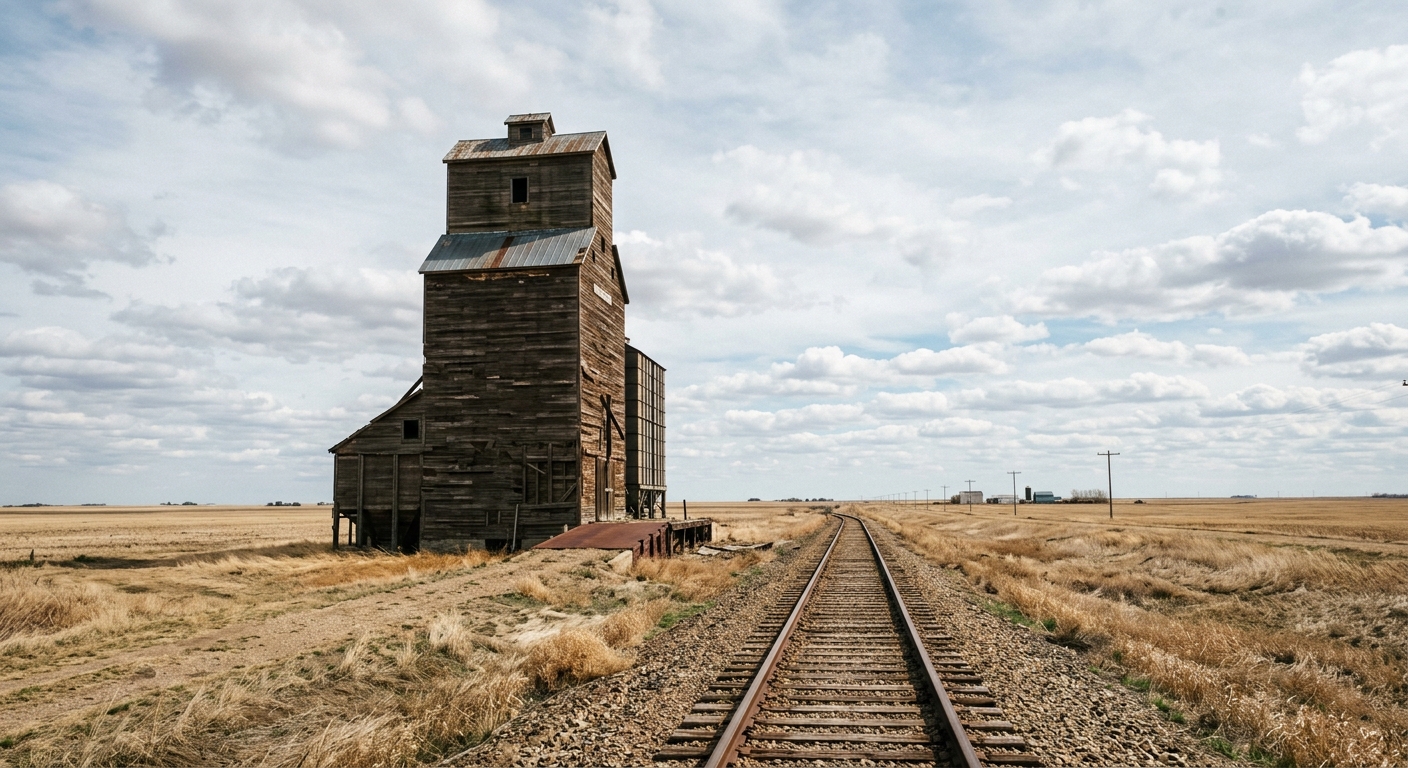 an aging, tall wooden grain elevator standing alongside an empty railway track in a flat prairie landscape with dry grass and a wide open sky, natural everyday