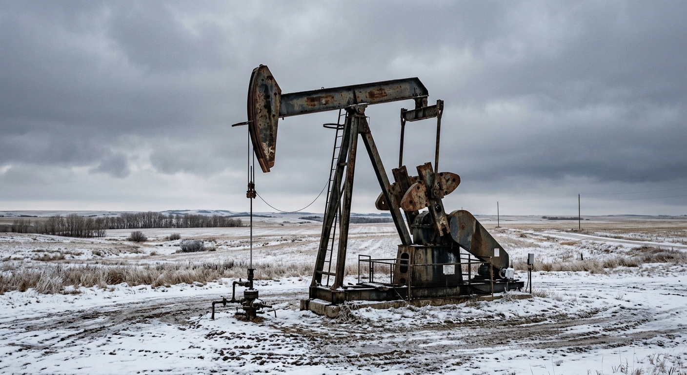 a weathered industrial oil pumpjack standing idle in a flat, snow-dusted prairie landscape under an overcast sky, natural everyday lighting, shot on a DSLR came