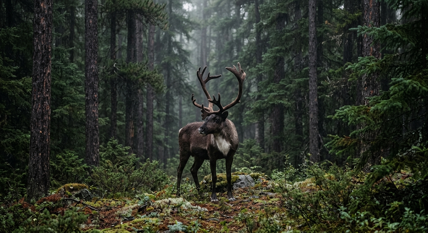 a solitary woodland caribou standing among dense pine trees in a misty boreal forest, natural everyday lighting, shot on a DSLR camera, slight film grain, compl