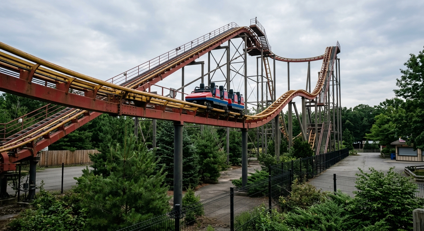 an empty roller coaster track towering over a quiet section of an amusement park, with a stationary, unoccupied ride car sitting on the rails, surrounded by sub