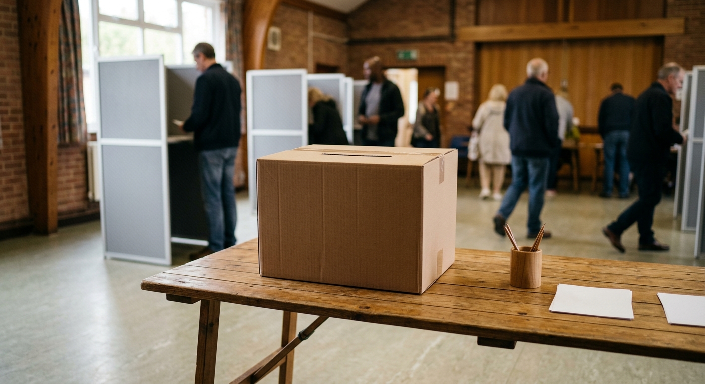 a plain cardboard ballot box resting on a wooden folding table inside a community hall polling station, with simple voting privacy screens in the soft backgroun