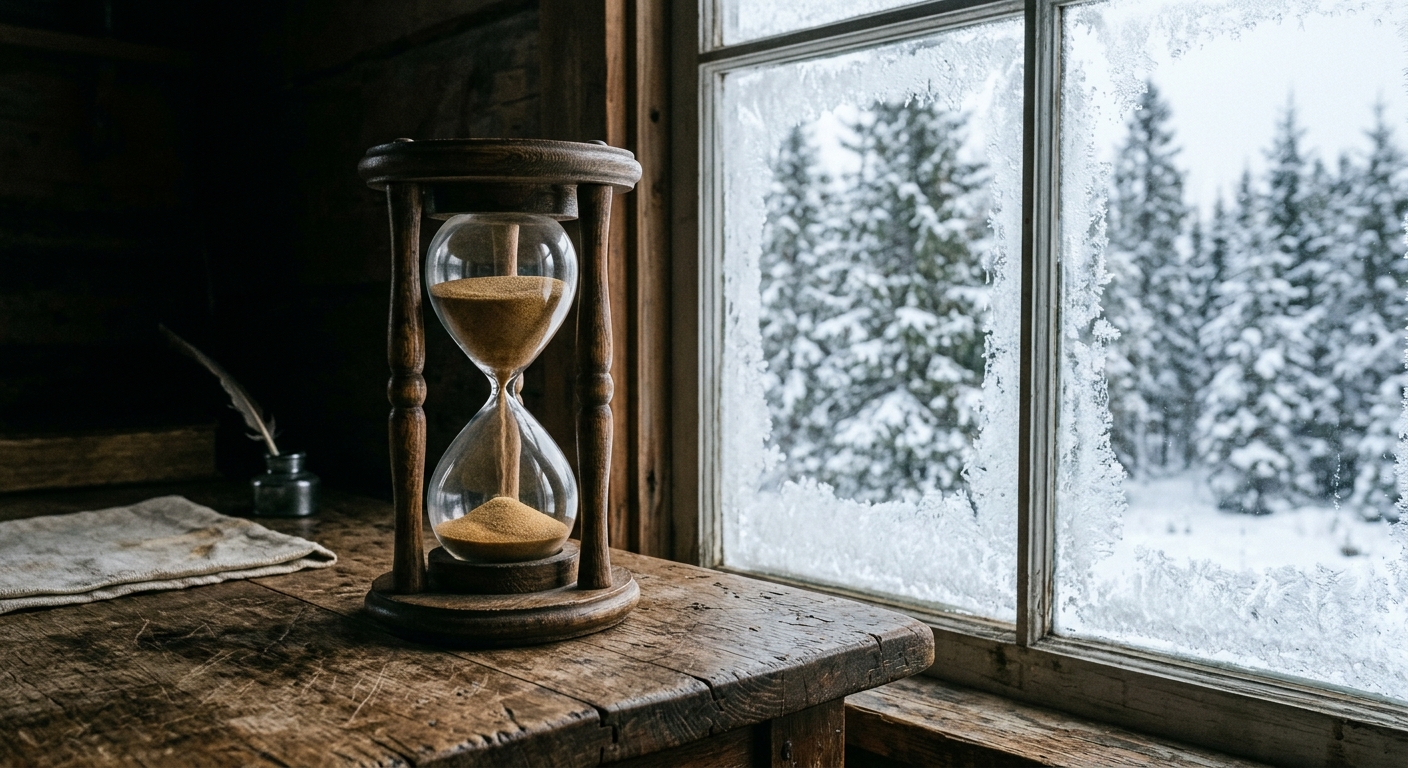 a classic wooden hourglass resting on a rugged wooden desk beside a frost-covered window looking out at a dense evergreen forest, natural everyday lighting, sho