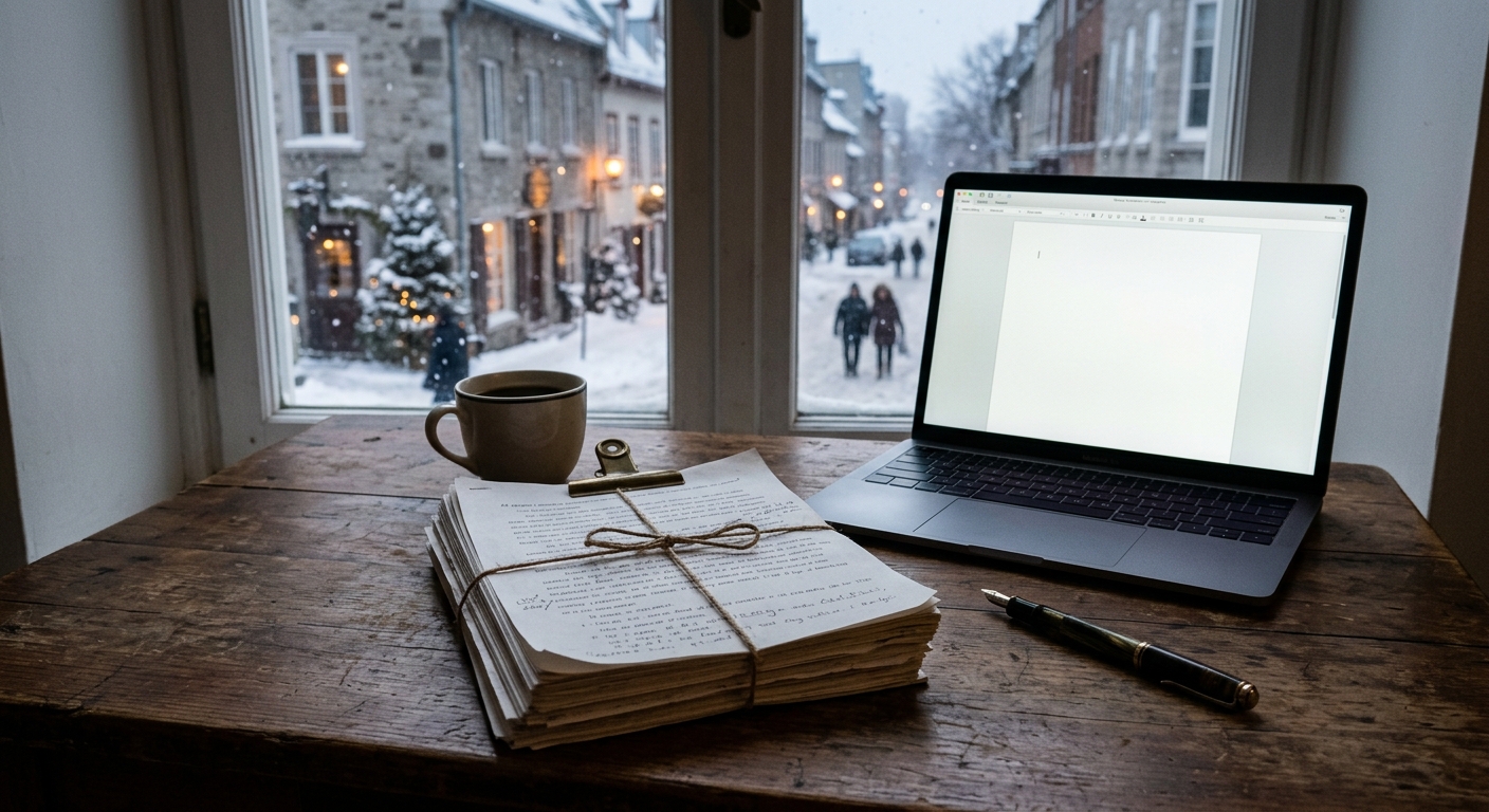 a thick printed manuscript and a pen resting next to an open laptop on a wooden writing desk, with a window in the background showing a snowy street scene in Qu