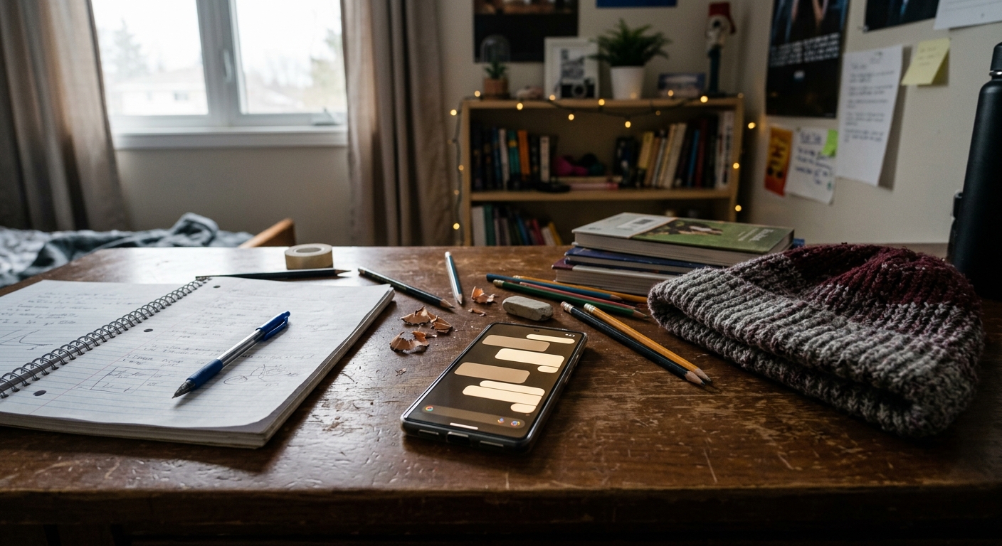 a glowing smartphone resting on a messy wooden desk beside a spiral notebook, scattered pencils, and a knitted winter toque, the phone screen showing abstract b
