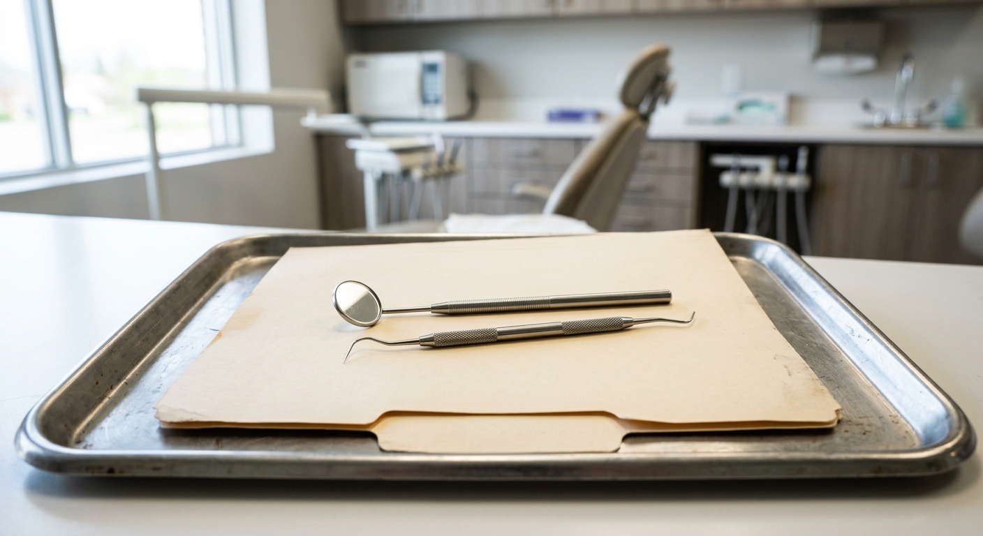 a metallic dental examination mirror and probe resting on top of a plain manila file folder on a stainless steel medical tray in a brightly lit clinical office,