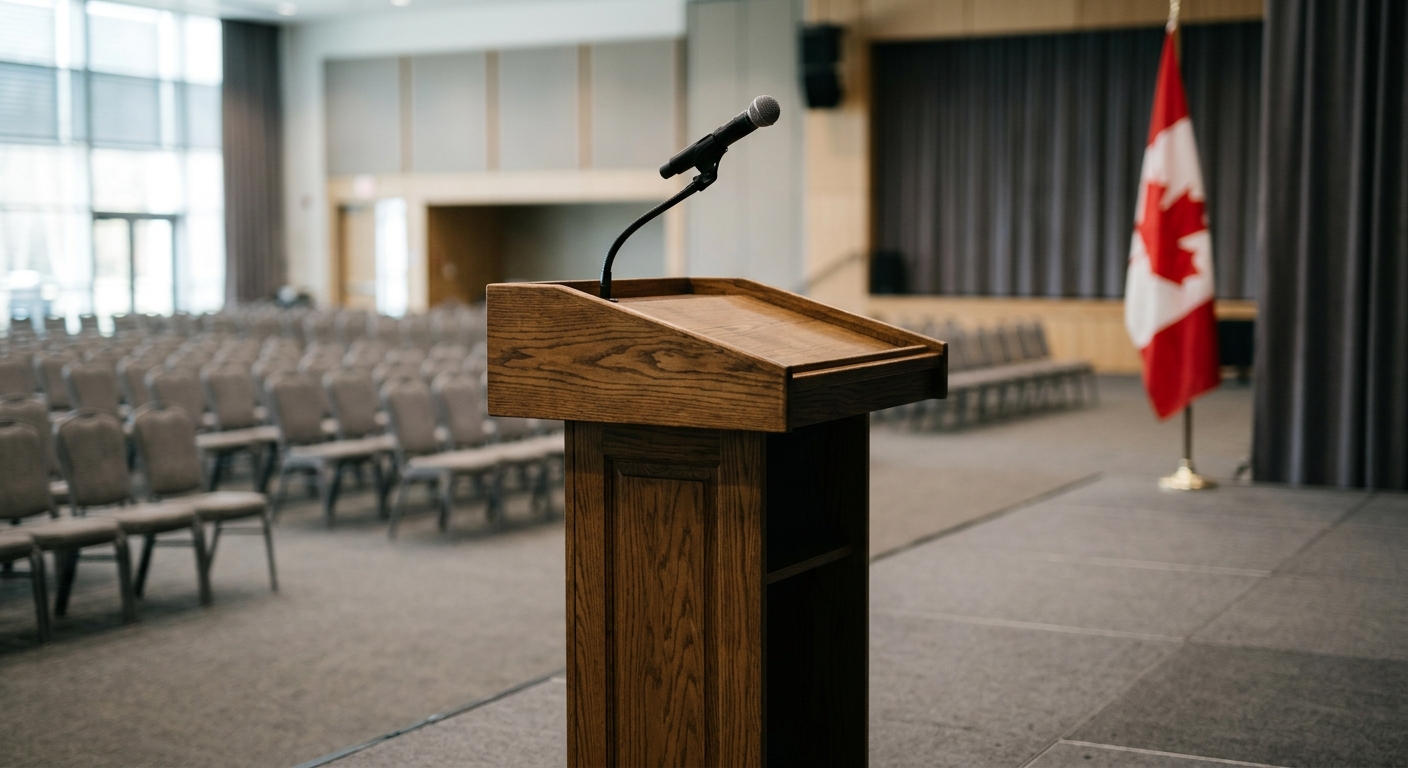 an empty wooden podium with a microphone in a large conference hall, a Canadian flag out of focus in the background, natural everyday lighting, shot on a DSLR c