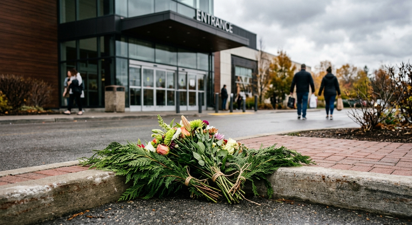 a somber makeshift memorial with a bouquet of fresh flowers and cedar branches resting on the pavement near the entrance of a modern shopping mall on an overcas