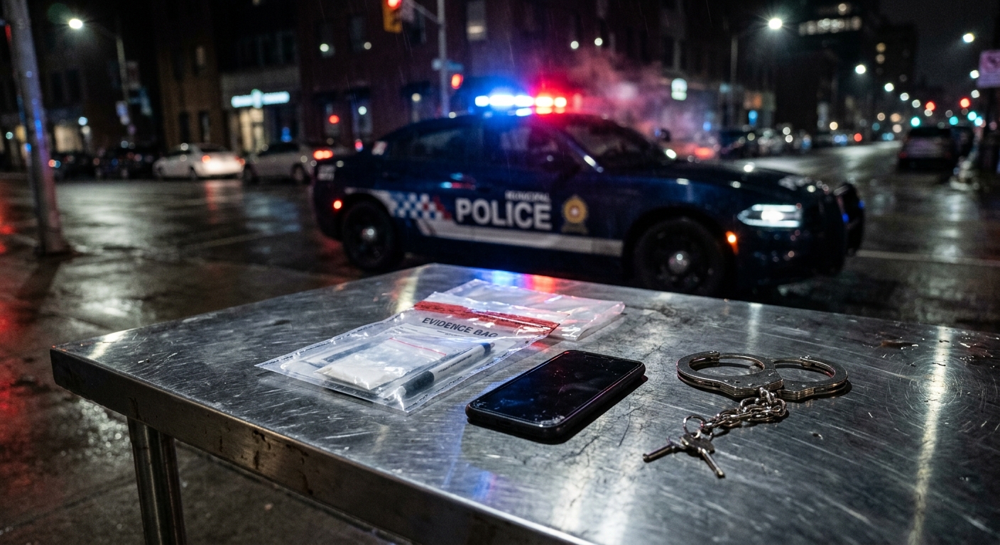 a metal forensics table holding clear plastic evidence bags, a smartphone, and a pair of steel handcuffs, with the blurred red and blue flashing lights of a mun