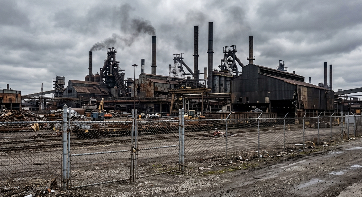 a large industrial steel manufacturing facility with corrugated metal buildings, tall smokestacks, and a chain-link fence in the foreground on an overcast day,