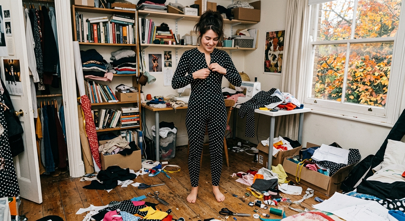 a person trying on a black-and-white polka-dot full-body costume in a cluttered bedroom, surrounded by sewing scissors and fabric scraps on a wooden floor, with