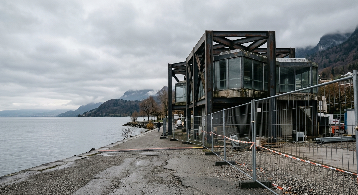 an aging, geometric waterfront pavilion made of steel and glass beside a large lake, partially enclosed by temporary metal construction fencing, overcast sky, n