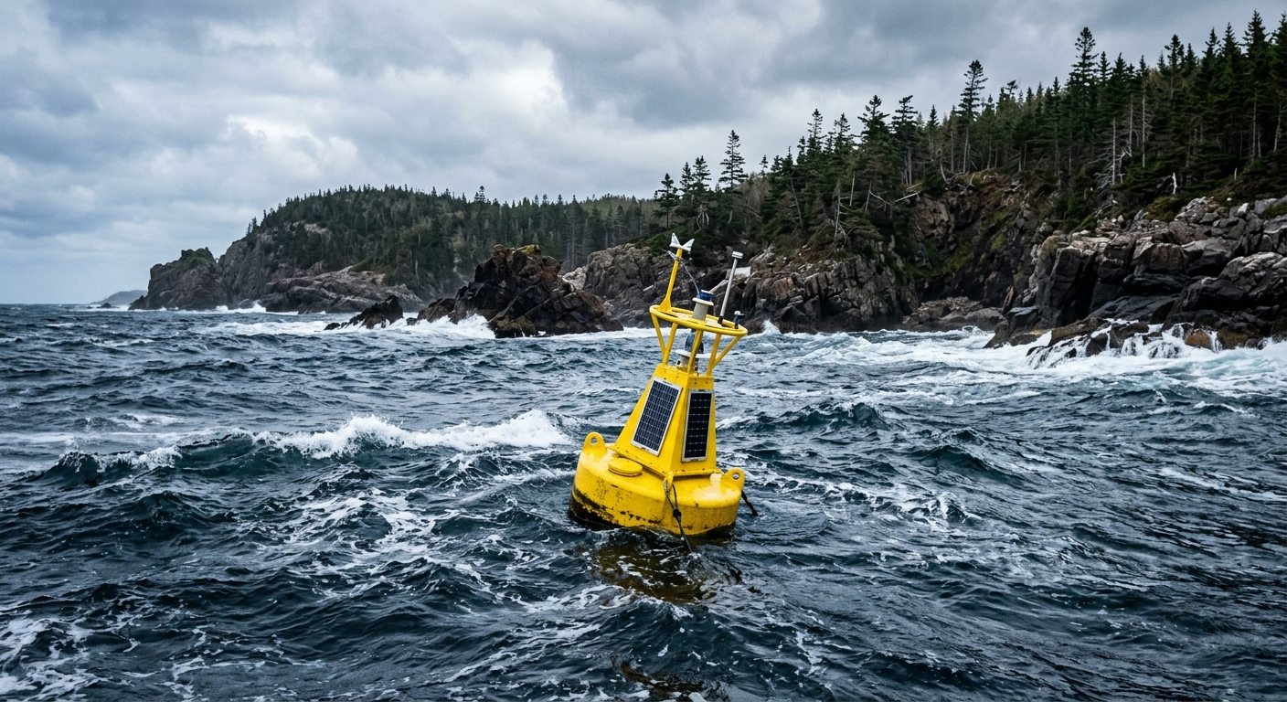 a bright yellow ocean data buoy floating in choppy, dark blue water near a rugged rocky coastline covered in sparse evergreen trees, natural everyday lighting,