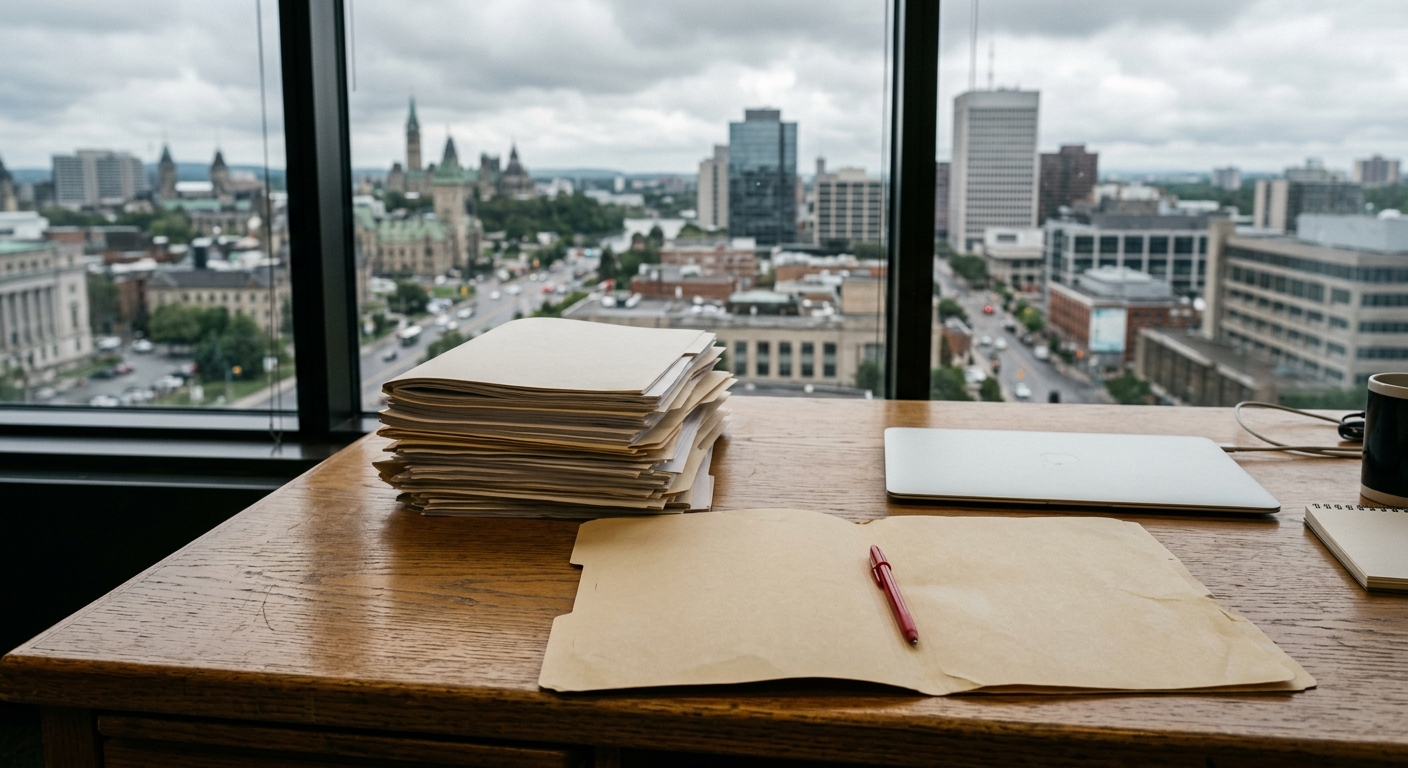 a stack of thick policy documents, an open folder, a red pen, and a closed silver laptop on a wooden office desk, with a window in the background showing a clou