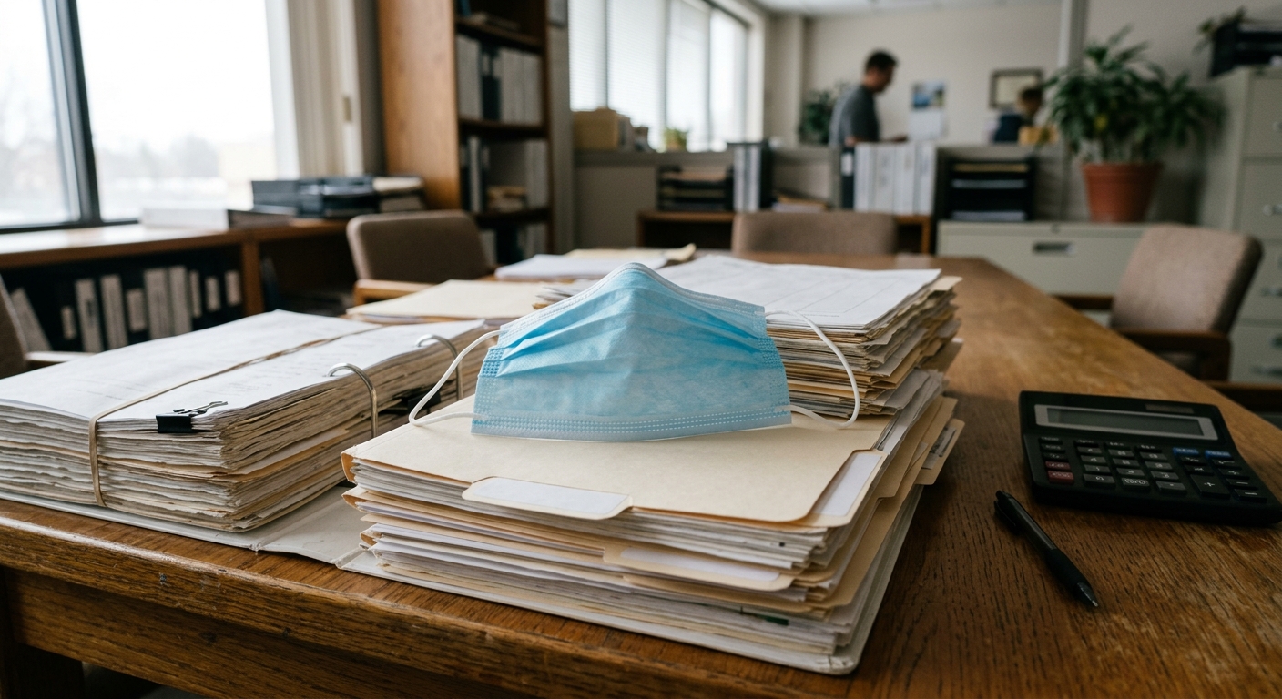 a light blue disposable medical mask resting on top of several thick stacks of printed financial documents, manila file folders, and a calculator on a wooden bo