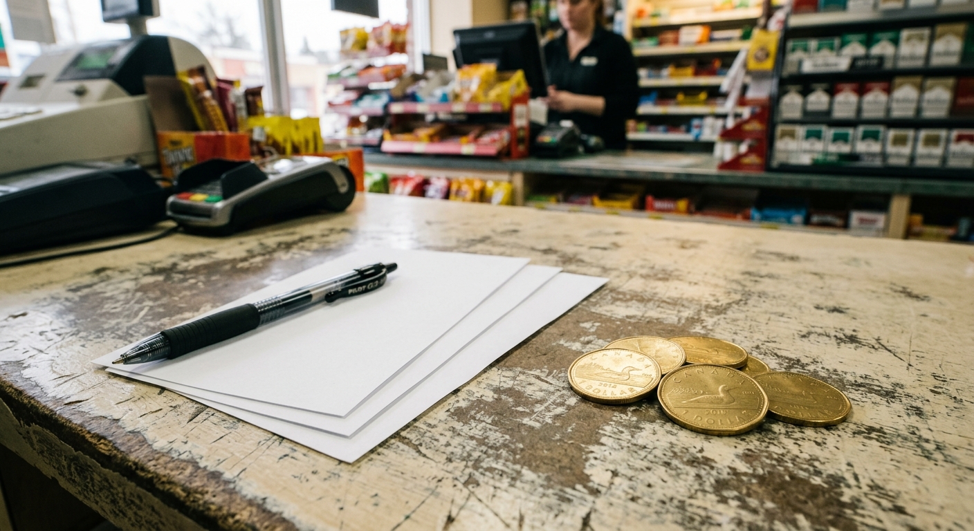 blank paper lottery play slips and a black pen resting on a worn convenience store checkout counter next to a few gold-colored Canadian dollar coins, natural ev