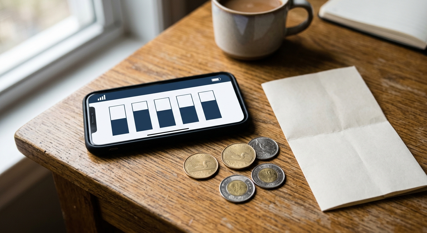 a smartphone displaying blank bar graphs resting on a wooden desk next to several Canadian dollar coins and a blank folded paper ballot, natural everyday lighti