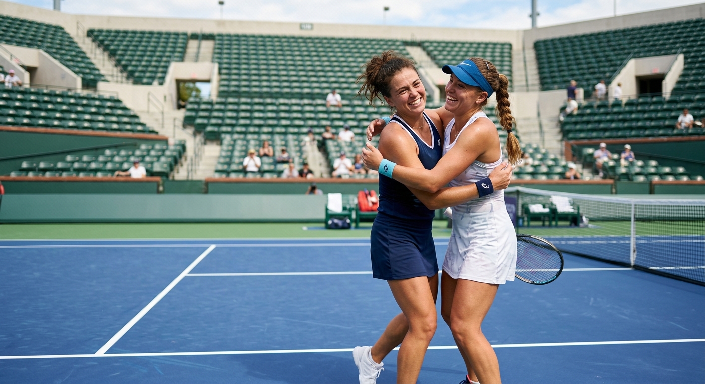 two female tennis players in athletic sports gear hugging in celebration on a blue hard tennis court, green stadium seating in the background, natural everyday