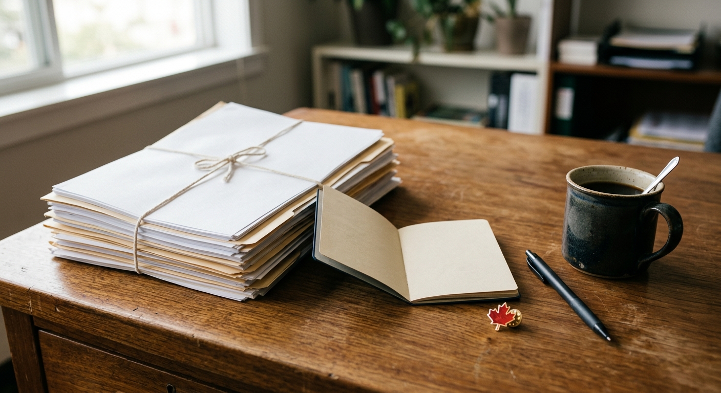 a stack of official paperwork, an open generic passport, and a small Canadian maple leaf lapel pin resting on a wooden office desk next to a pen and a ceramic c