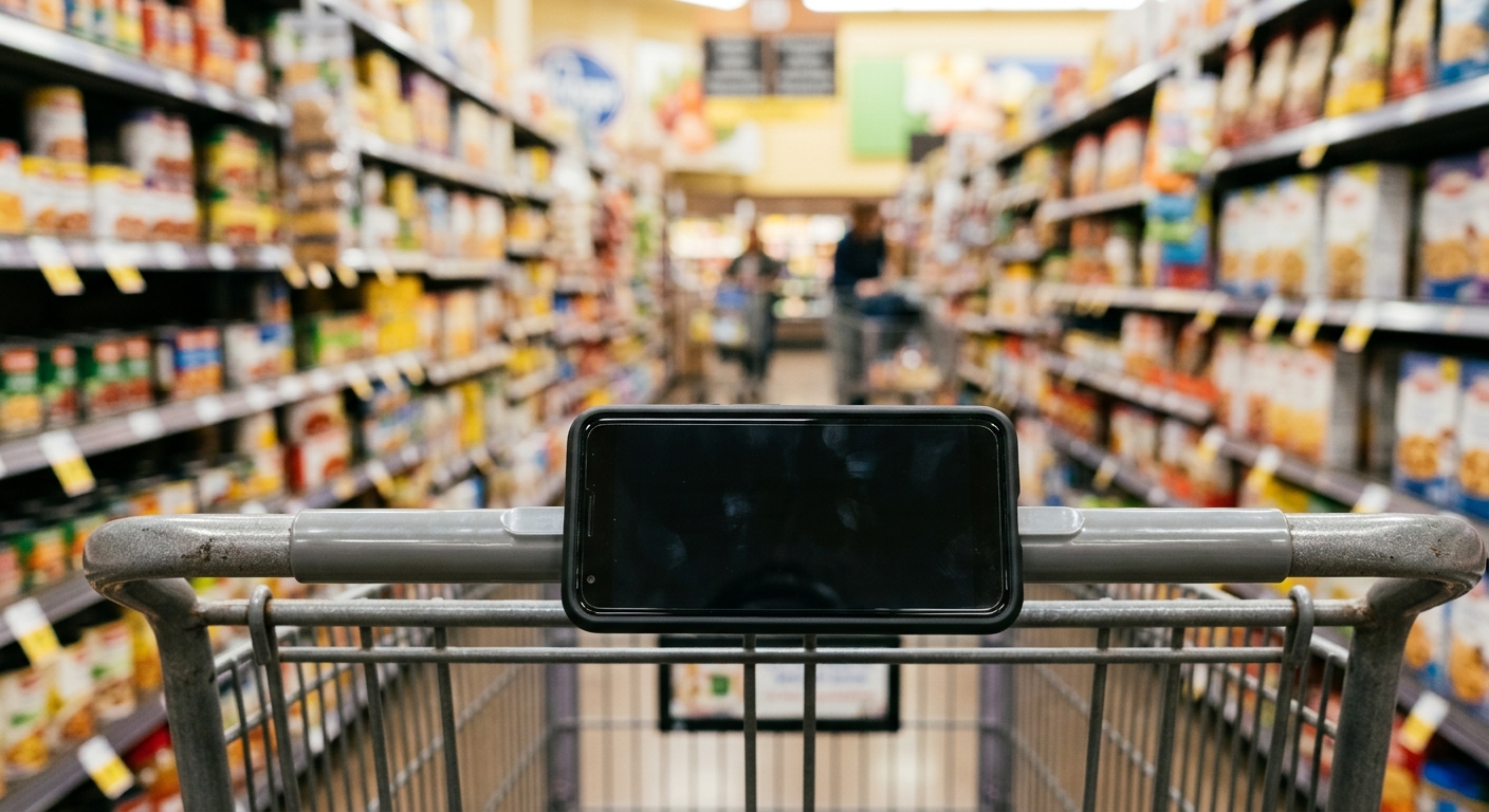 a smartphone with a blank screen resting on the handle of a metal shopping cart inside a typical North American supermarket, surrounded by out-of-focus shelves