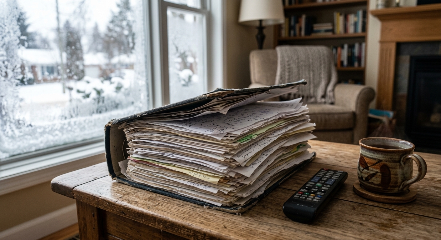 a worn, thick binder overflowing with paper notes resting on a wooden coffee table, alongside a television remote and a warm mug in a cozy living room with a fr