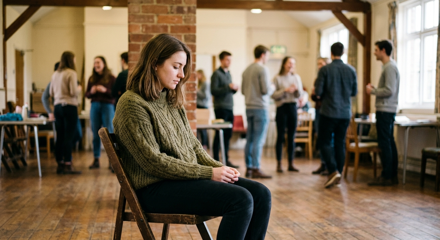a young adult sitting in quiet reflection on a wooden chair inside a modest community hall, wearing a thick winter sweater, with other young people gathering so