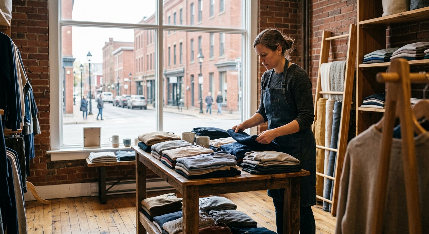 a worker wearing a plain apron arranging folded garments on a wooden display table inside a small local retail shop, with a large window looking out onto a stre