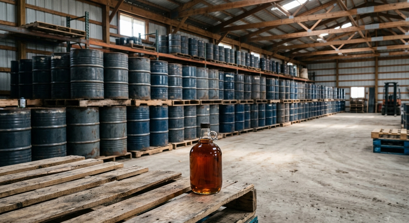 rows of large metal storage drums inside an agricultural warehouse facility in a rural Canadian setting, representing a bulk reserve, with a glass jug of amber