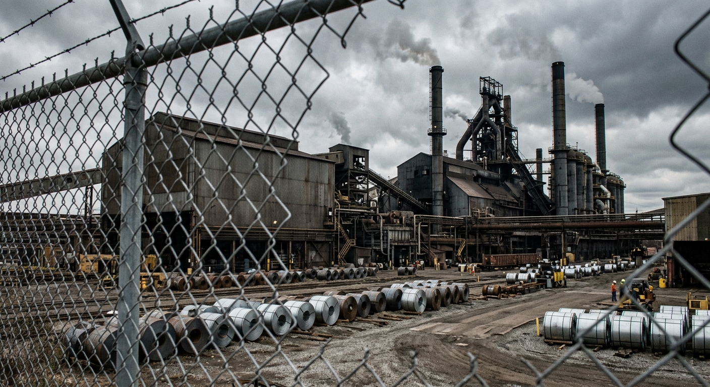 a large industrial steel manufacturing plant viewed from behind a chain-link fence, featuring tall smokestacks, corrugated metal buildings, and large rolls of g